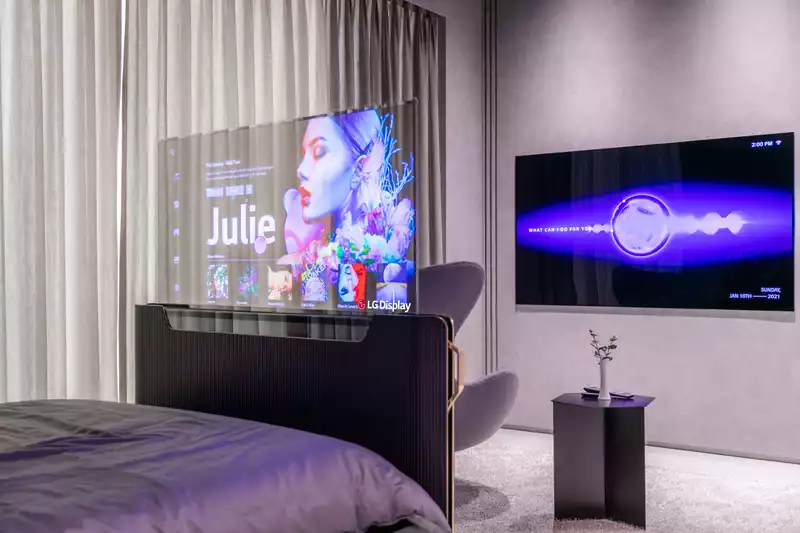 LG Display Announces Transparent OLED TV Rising from Bed at ces2021